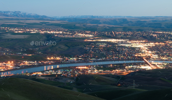 Aerial View Lewiston Idaho Bridge Bend Clearwater River Sunset - Stock Photo - Images