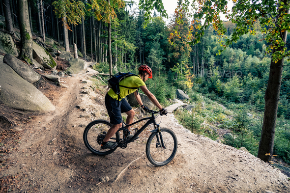 Mountain biker riding cycling in autumn forest - Stock Photo - Images