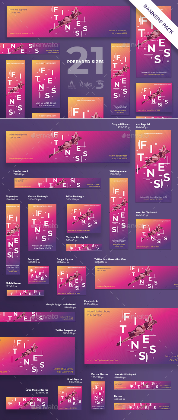 Fitness Training Gym Banner Pack - Banners & Ads Web Elements
