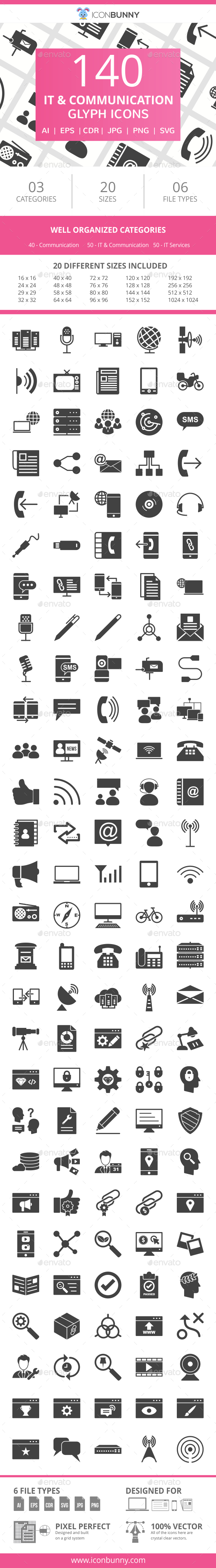 140 IT & Communication Glyph Icons - Icons