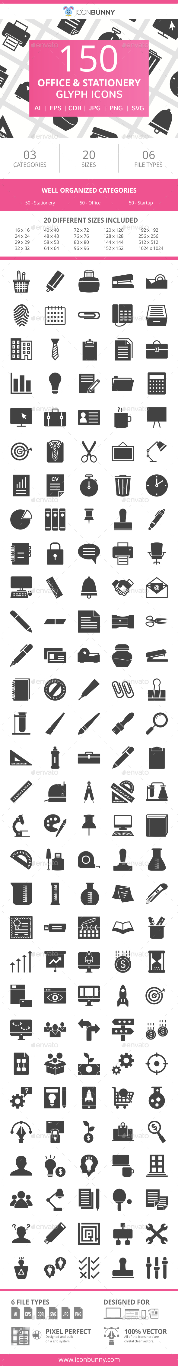 150 Office & Stationery Glyph Icons - Icons