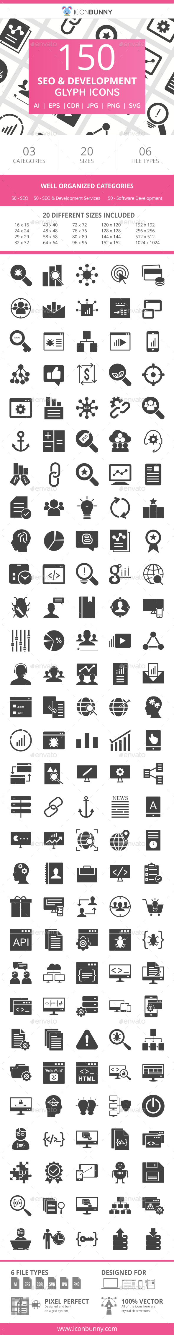 150 SEO & Development Glyph Icons - Icons