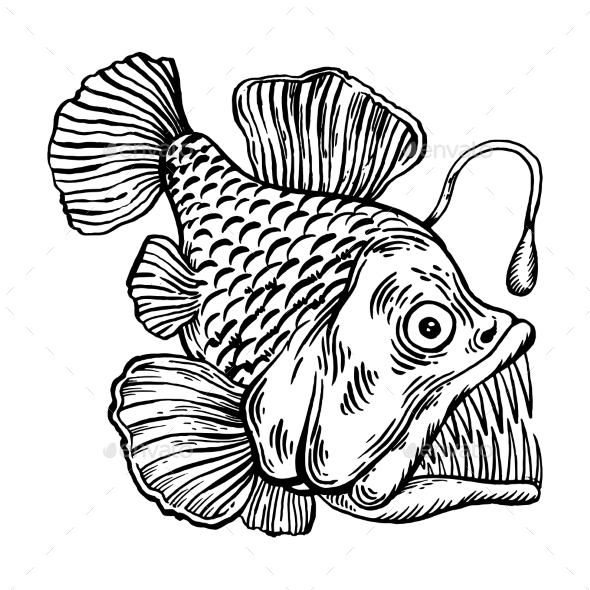 Deepwater Fish with Lighter Engraving Vector - Animals Characters
