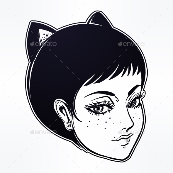 Anime or Retro Manga Style Woman with Cat Ears - Monsters Characters