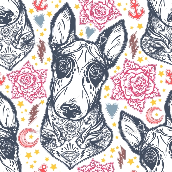 Flash Bull Terrier Dog Seamless Pattern and Roses. - Backgrounds Decorative