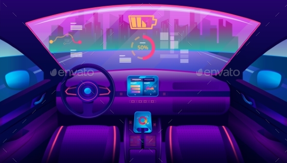 Inside View on Futuristic Self-Driving Car Salon - Man-made Objects Objects