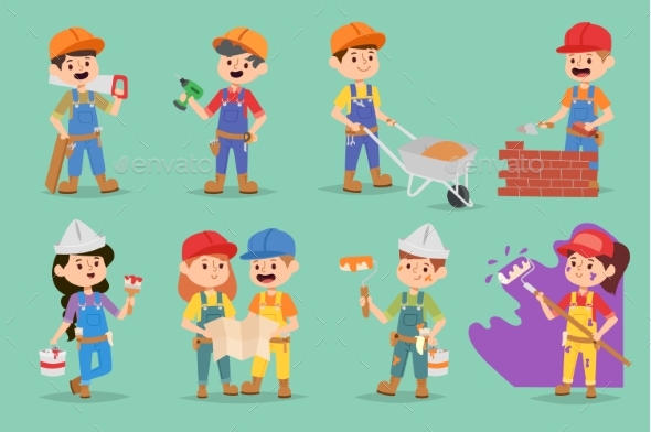 Vector Kids Builders Children Boys and Girls - People Characters