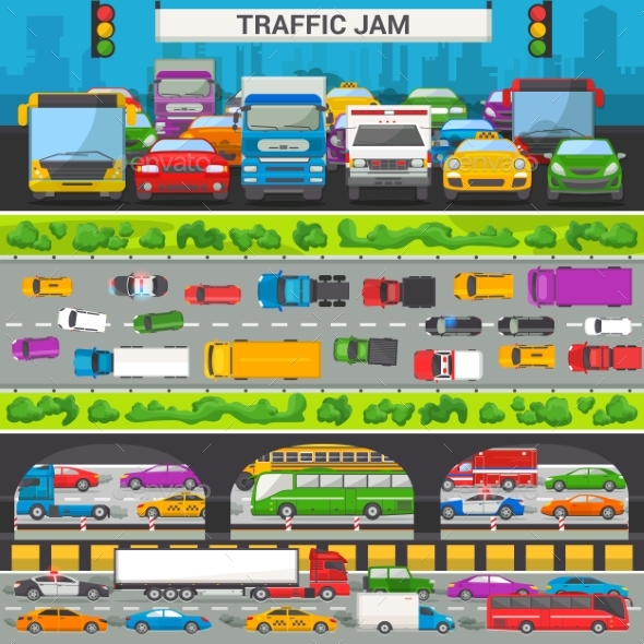 Traffic Jam Vector Transport Car Vehicle and Bus - Man-made Objects Objects