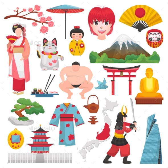 Japan Vector Japanese Culture and Geisha in Kimono - Buildings Objects