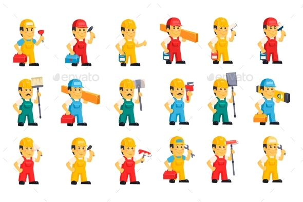 Flat Vector Set of Men in Working - Industries Business