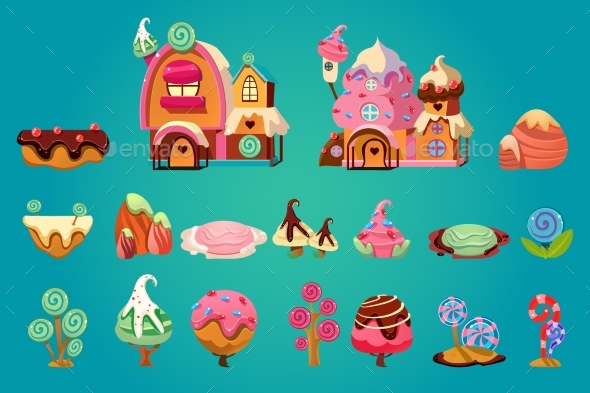 Vector Set of Sweet Landscape Elements for Fantasy - Objects Vectors