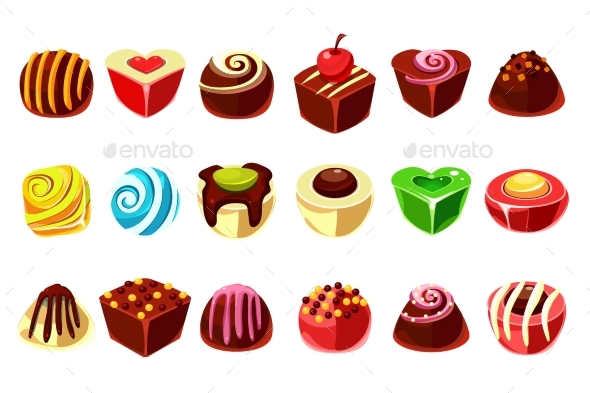 Flat Vector Set of Tasty Candies with Various - Food Objects