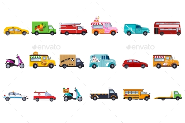 Flat Vector Set of Service Vehicles. Police Car - Man-made Objects Objects