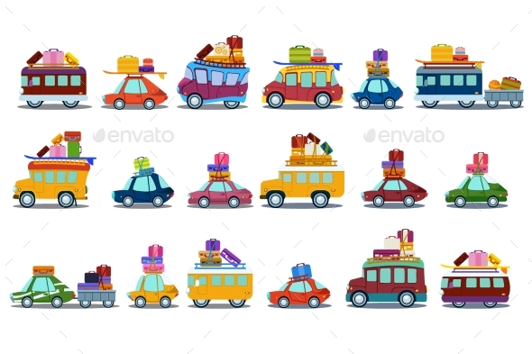 Flat Vector Set of Colorful Cars, Buses and Vans - Man-made Objects Objects