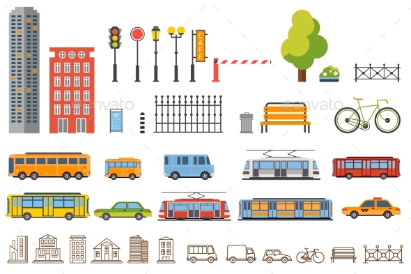 Vector City Constructor Design: Buildings, Road - Miscellaneous Vectors