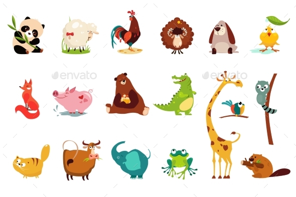 Colorful Flat Vector Set of Funny of Various - Animals Characters