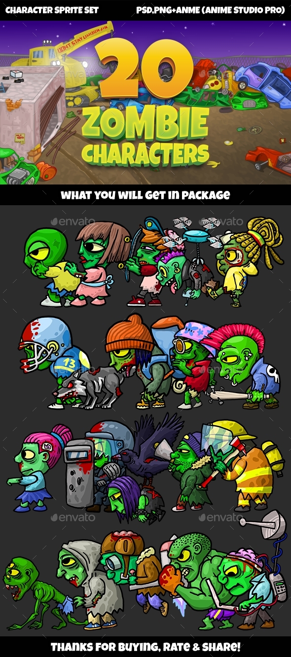 20 Zombies Pack №1 - Sprites Game Assets