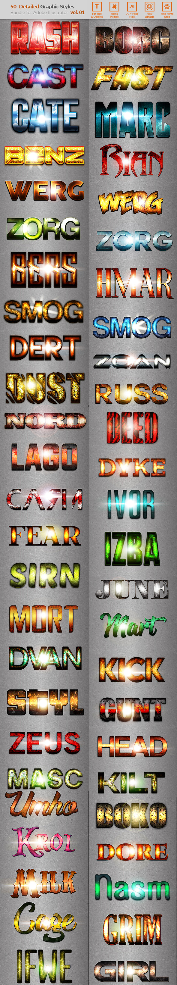 50 Detailed Text Effects - Bundle Vol. 01 - Styles Illustrator