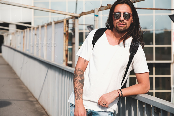 Attractive bearded man portrait with sunglasses - Stock Photo - Images