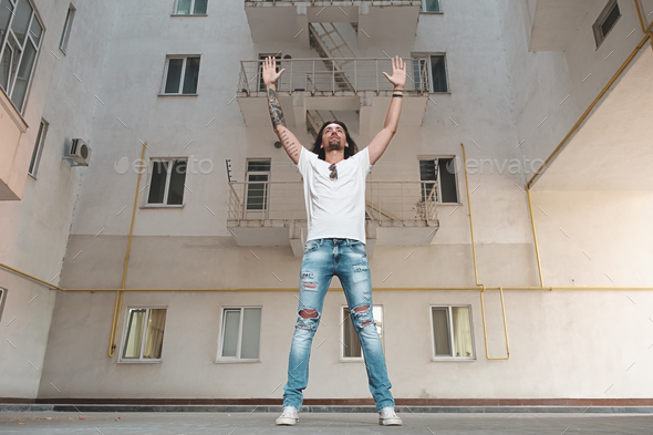 Man with hands up - Stock Photo - Images