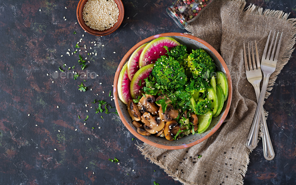 Vegan buddha bowl dinner food table. Healthy food. Healthy vegan lunch bowl. - Stock Photo - Images