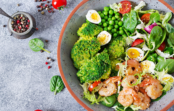 Grilled shrimps and fresh vegetable salad, egg and broccoli. Grilled prawns - Stock Photo - Images