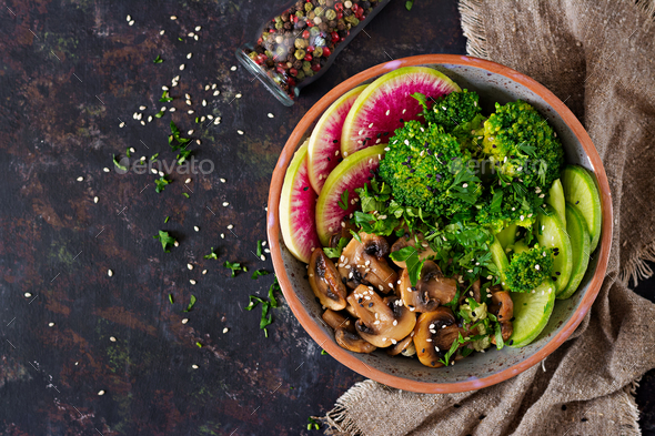 Grilled mushrooms, broccoli, radish salad. - Stock Photo - Images