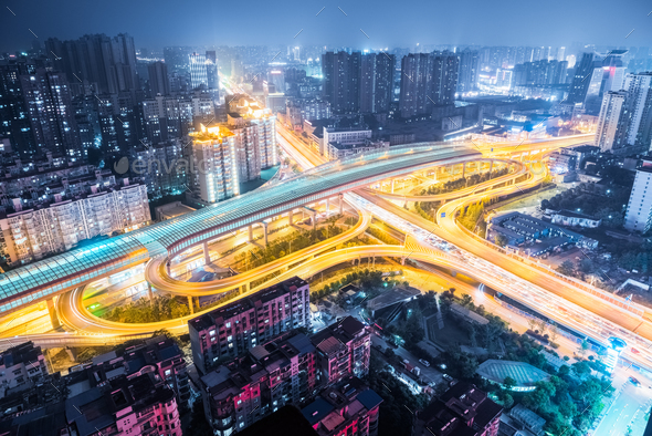 aerial view of city interchange at night ,wuhan , China - Stock Photo - Images