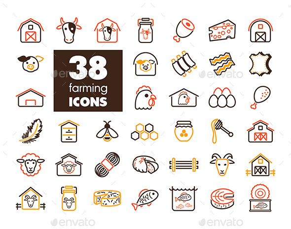 Farm animal icons vector set - Food Objects