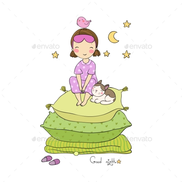 Girl and Cats. Good Night. Sweet Dreams. - Animals Characters