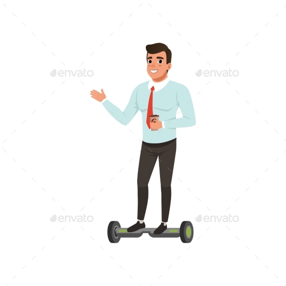 Friendly Businessman Riding on Electric Hoverboard - People Characters