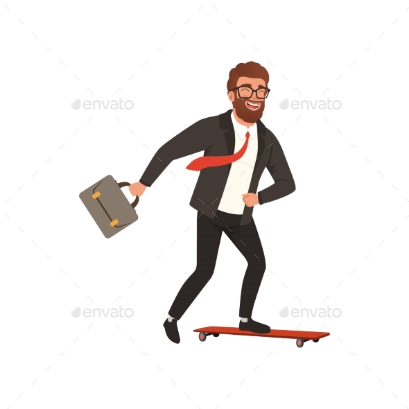 Cheerful Businessman Riding Fast on Skateboard - People Characters