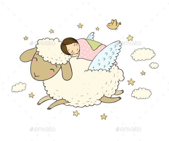 A Sleeping Girl and a Sheep with Wings. Good Night - People Characters
