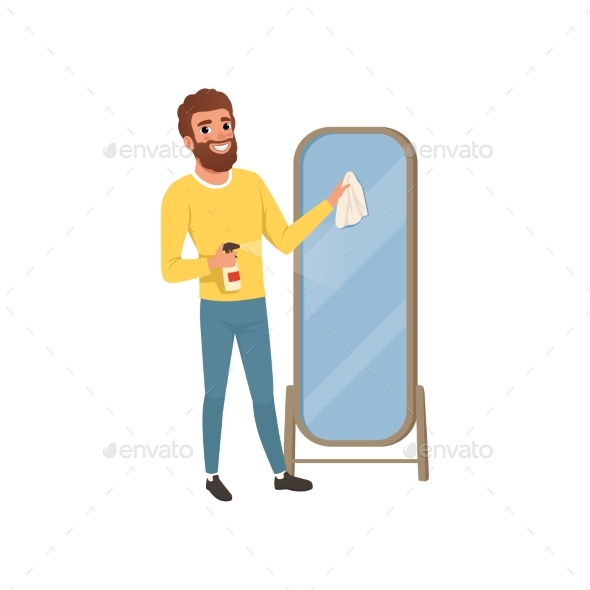 Young Guy Cleaning Big Bathroom Mirror with Rag - People Characters