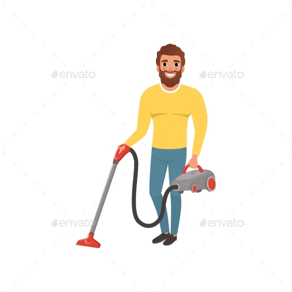 Cartoon Character of Smiling Man with Vacuum - People Characters