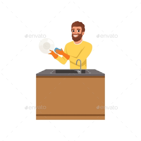 Bearded Guy in Orange Rubber Gloves Washing Plate - People Characters