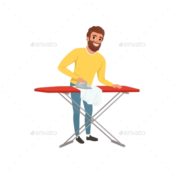 Smiling Man Ironing Clothes on an Ironing Board - People Characters