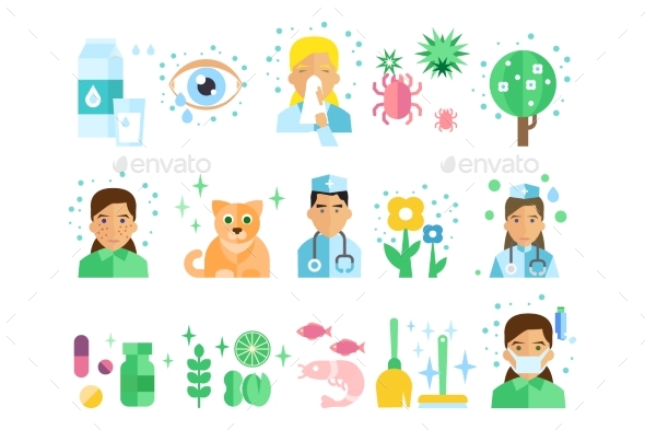 Set of Flat Vector Icons with Types of Allergens - Objects Vectors