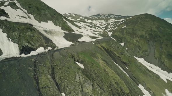 Caucasus Mountains River and Snow Hills Caucasian Beauty Nature Georgia Animals Waterwall Drone