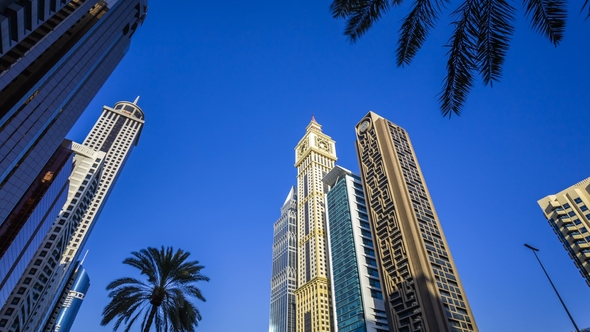Bottom Up View of Skyscrapers in the Financial Center of Dubai on Sheikh Zayed Road. Dubai, UAE