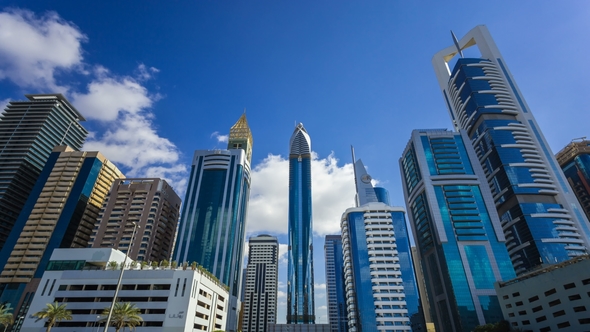Bottom Up View of Skyscrapers in the Financial Center of Dubai. Dubai, UAE