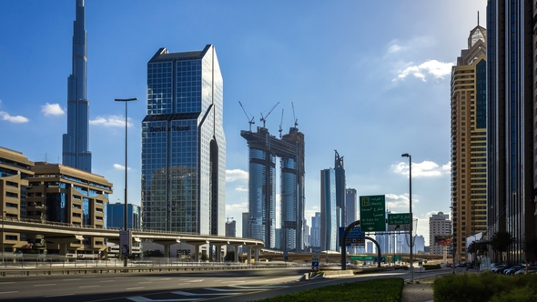 Busy Sheikh Zayed Road, Metro Railway, View of the Construction of a Skyscraper in Downtown