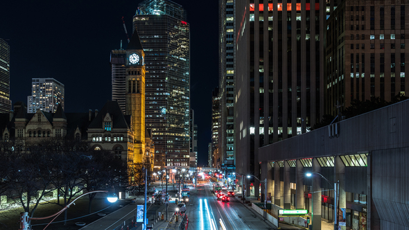 Downtown Toronto Traffic on Queen Street at Night