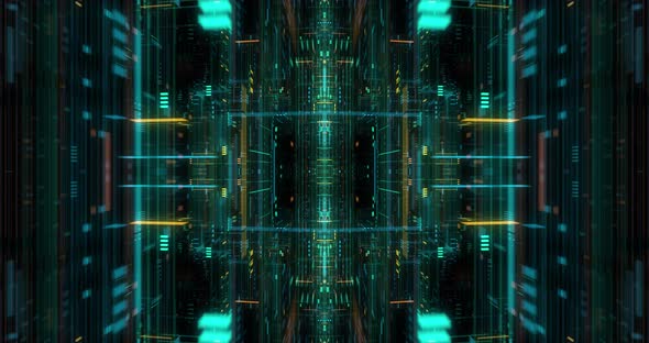 Flying over abstract motion background, a futuristic circuit board loop