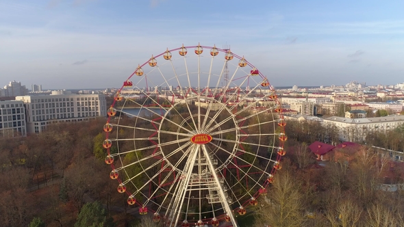 Aerial Drone Shot of Autumn Minsk City Amusement Park 