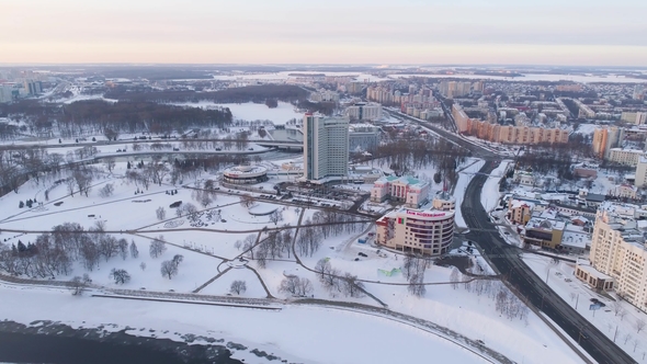 Winter Drone Shot of Minsk City Centre on Sunny Day