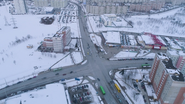 Winter Drone Shot of Minsk City Suburbs on Sunset 