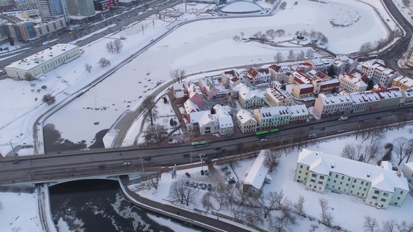Winter Drone Shot of Minsk City Centre on Sunny Day 