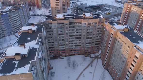 Winter Drone Shot of the Minsk City Suburbs on Sunset