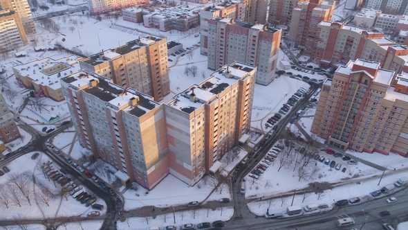 Winter Drone Shot of Minsk City Suburbs on Sunset with Residential Buildings
